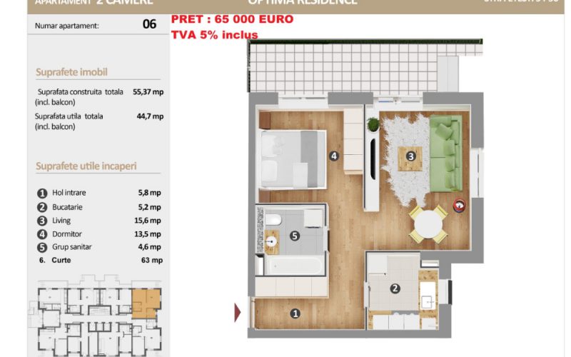 Apartament cu 2 camere Optima Residence